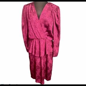 Vtg Patra Peplum Faux Wrap Puff Sleeve Dress 9/10